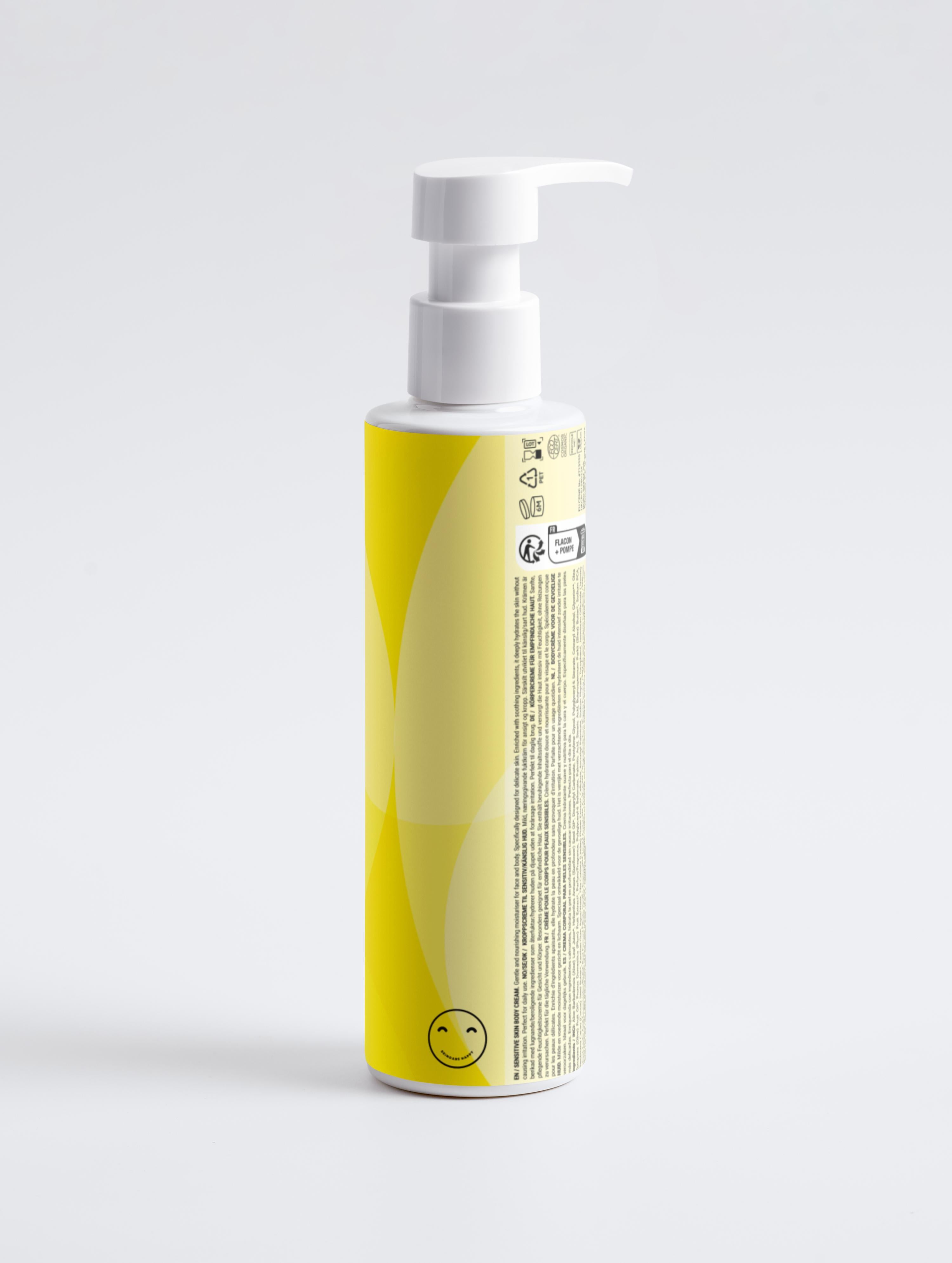 Yellow bottle with a white pump on a light gray background