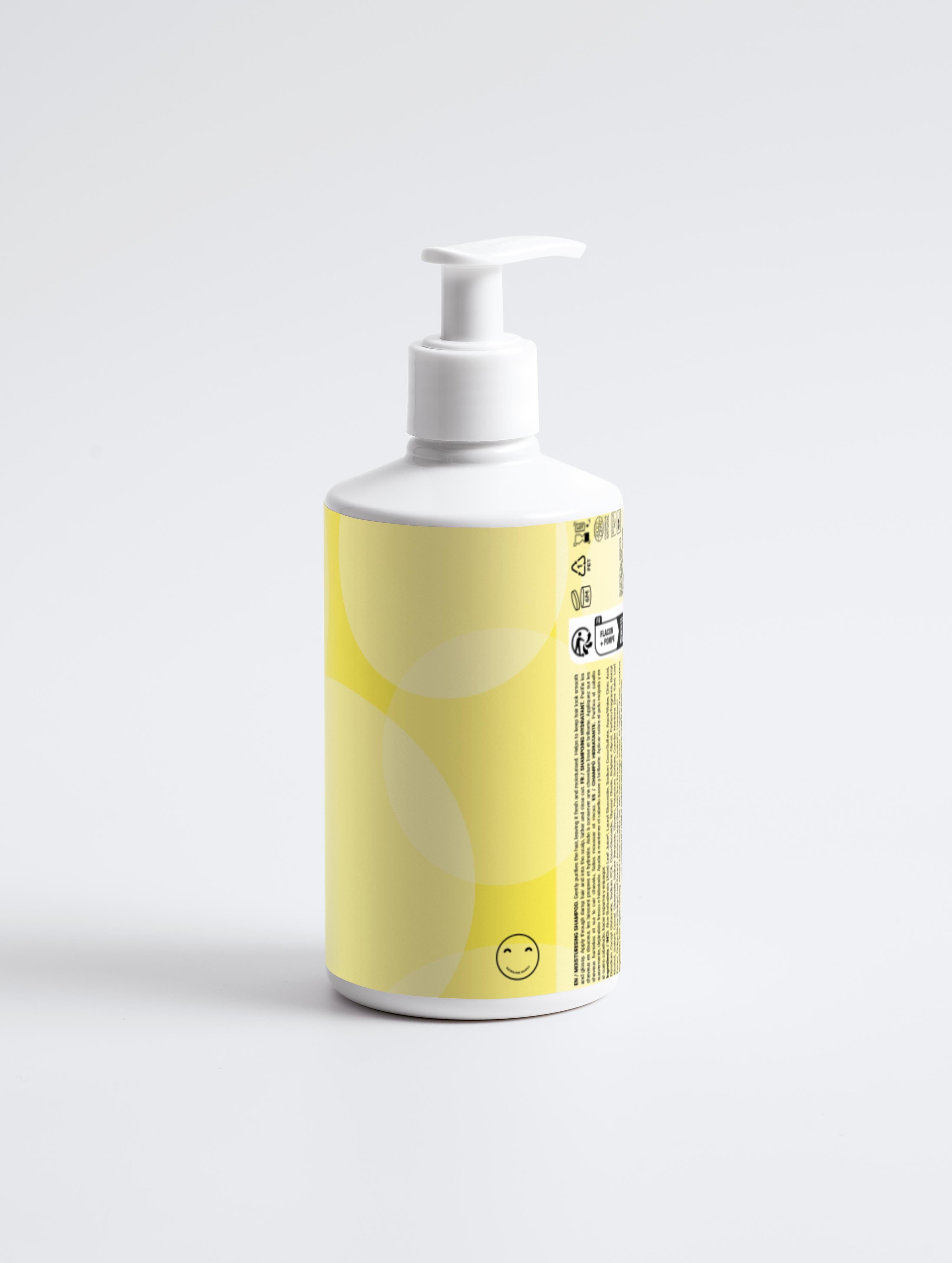 White bottle with a yellow label on a white background
