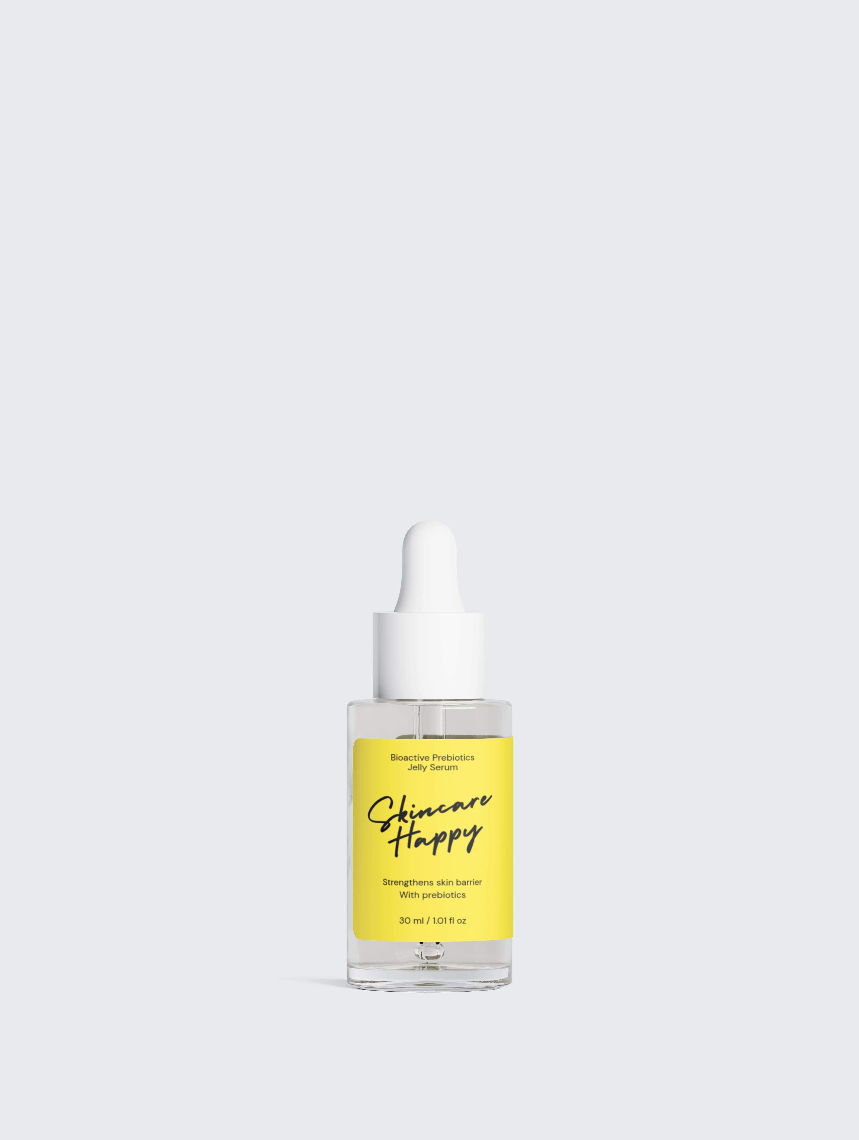Skincare Happy dropper bottle on a light gray background