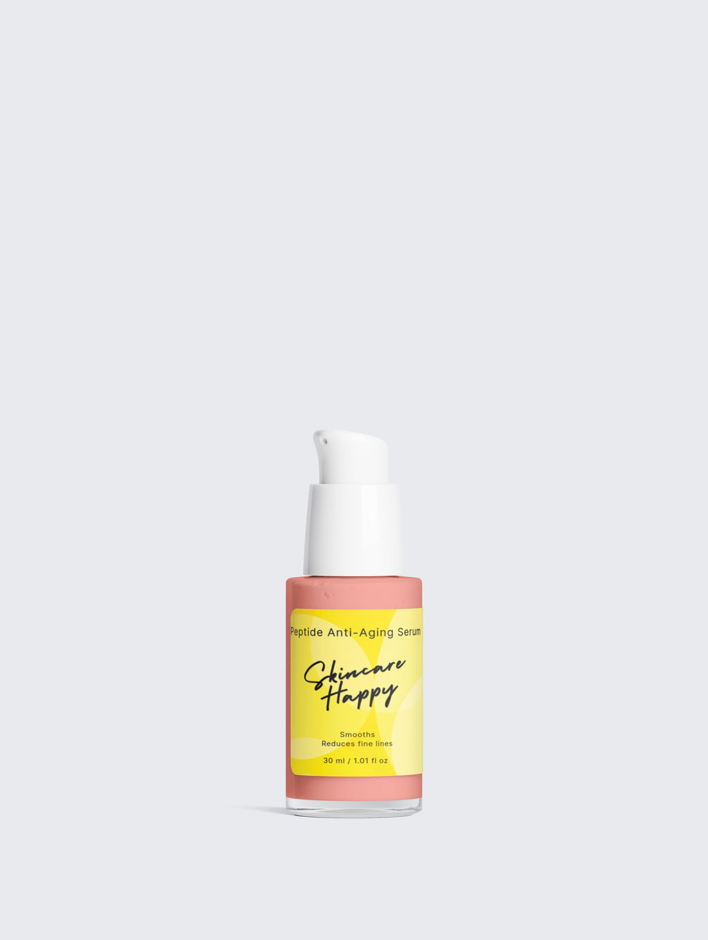 Skincare product bottle with yellow label on a light gray background