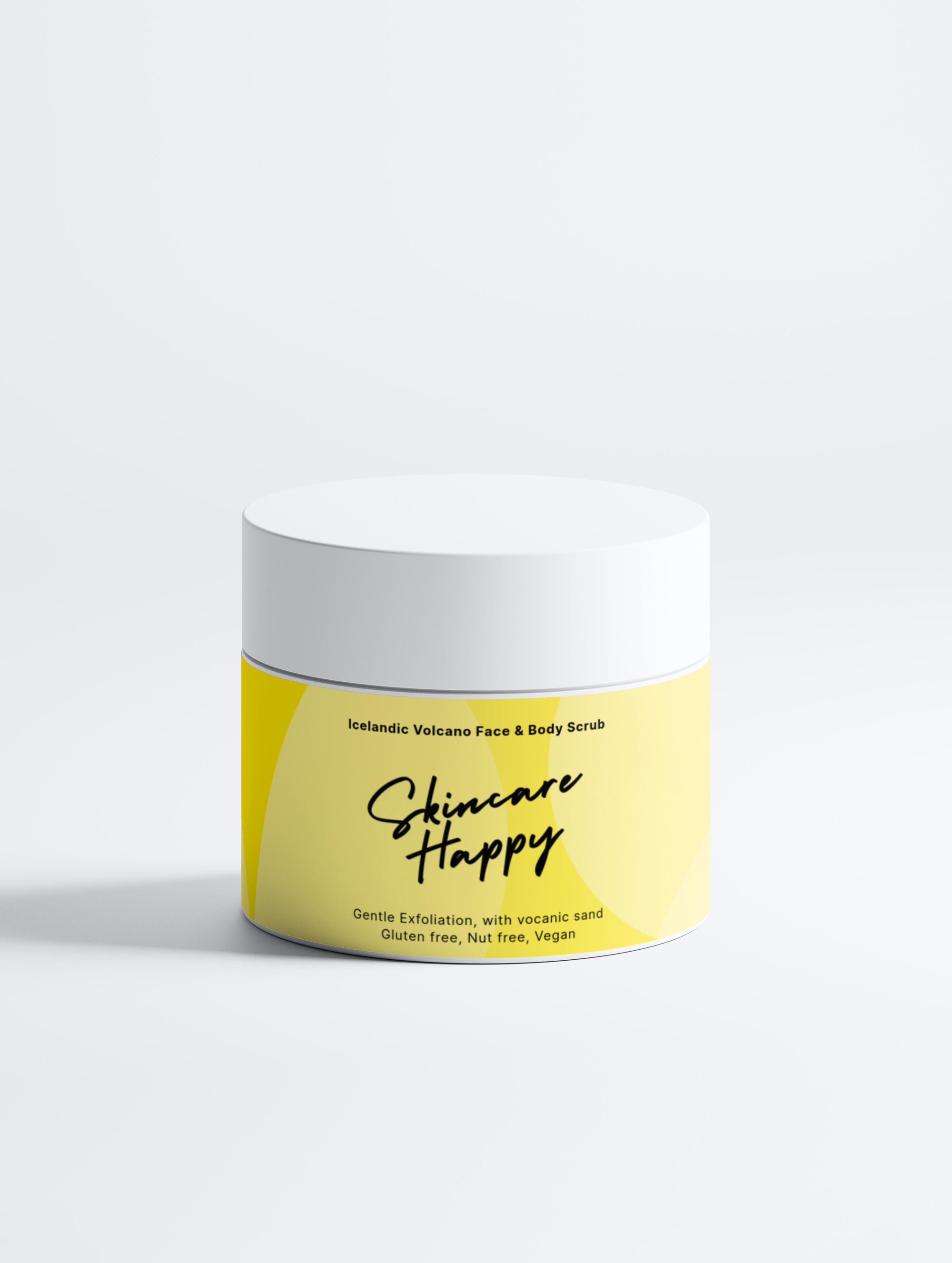 Skincare Happy jar with yellow label on a white background