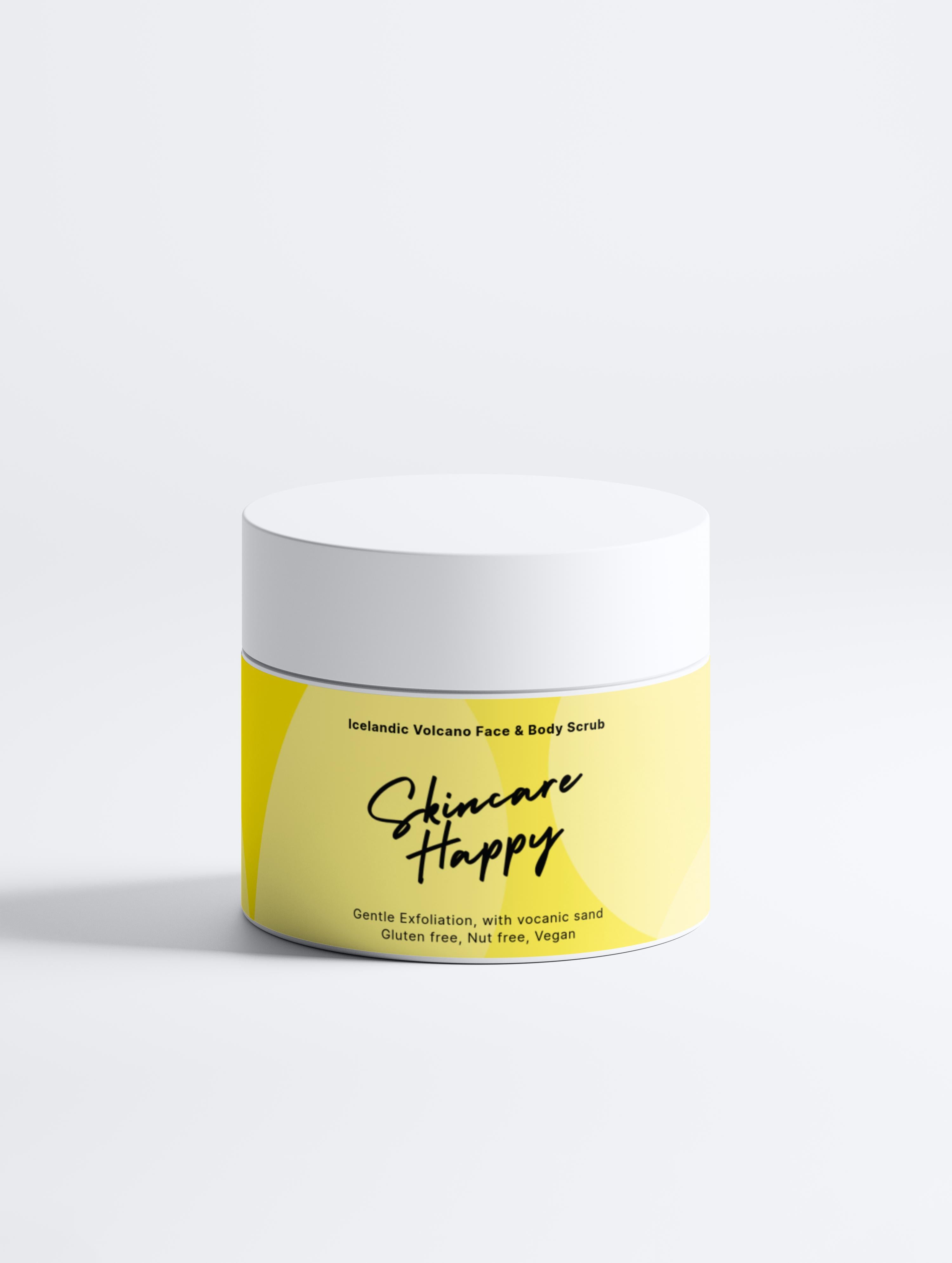Skincare Happy jar with yellow label on a white background