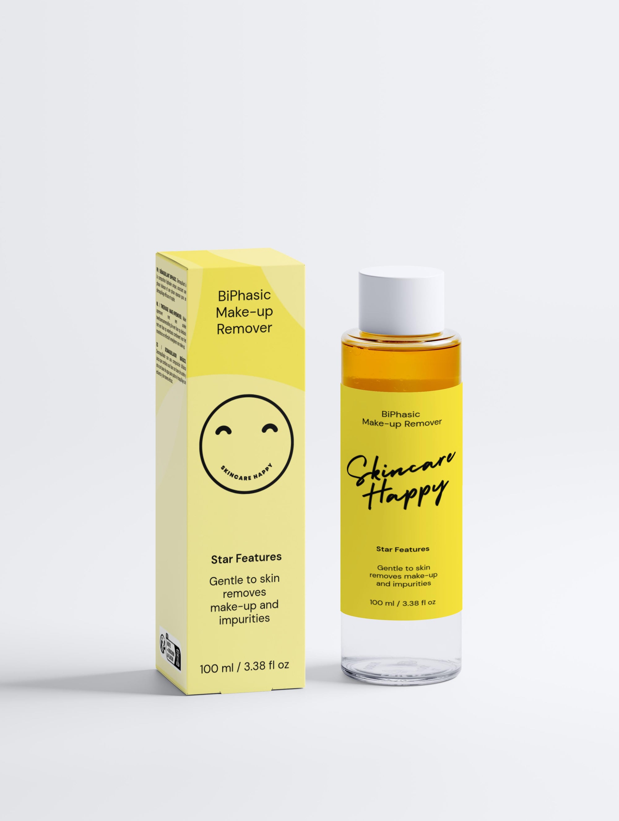BiPhasic makeup remover bottle and packaging on a white background