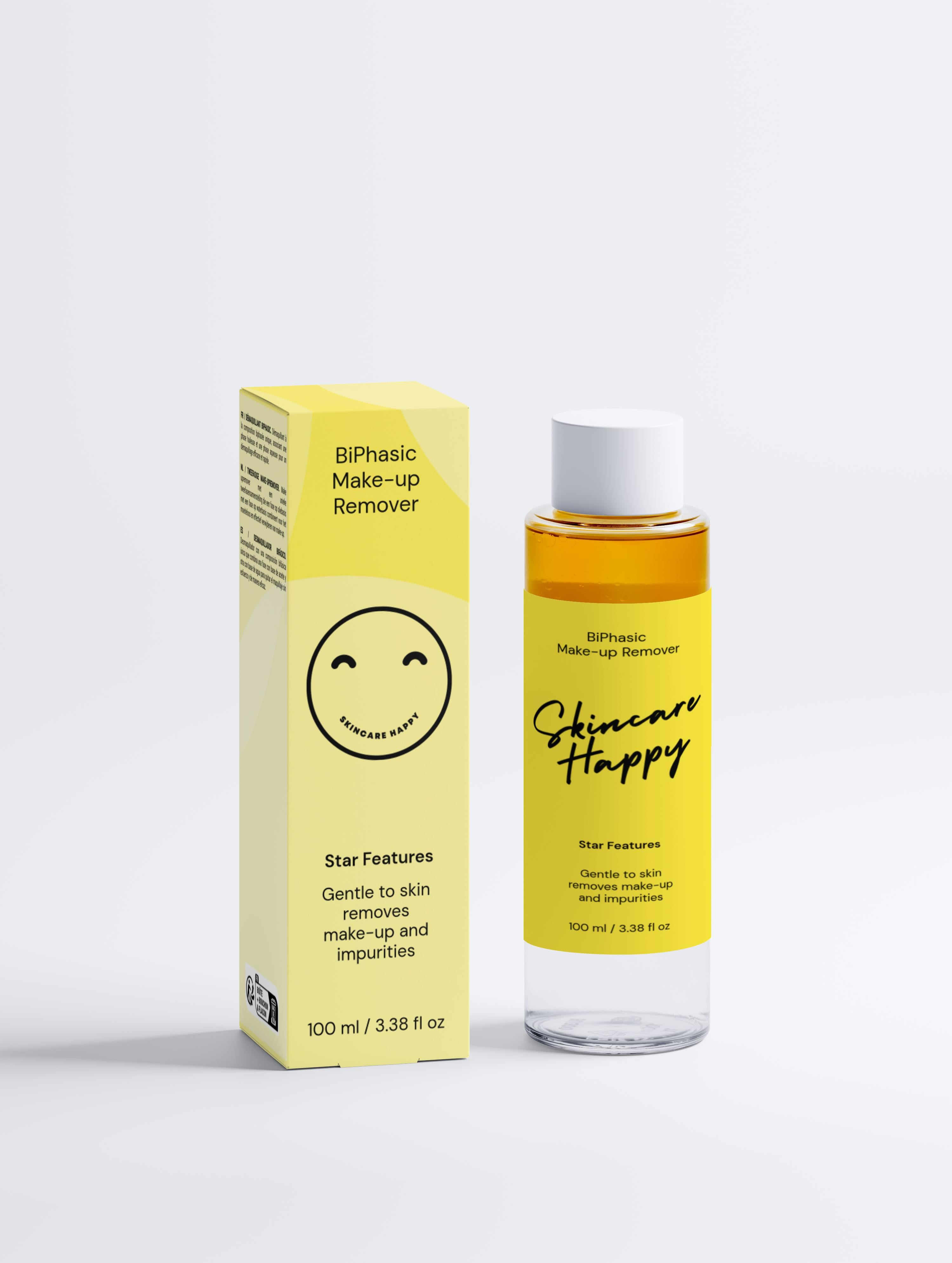 BiPhasic makeup remover bottle and packaging on a white background