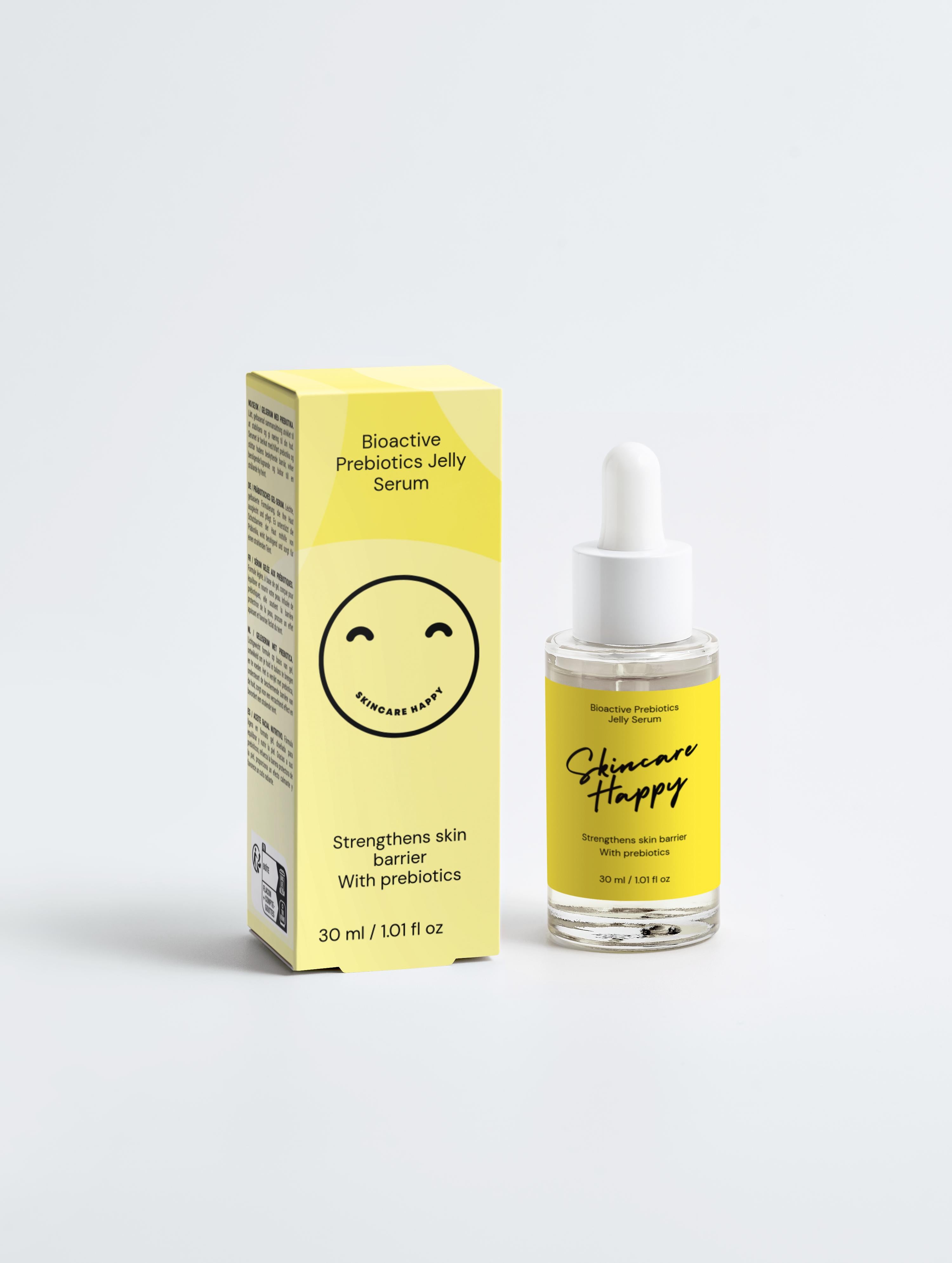 Bioactive Prebiotics Jelly Serum packaging with dropper bottle on a light gray background