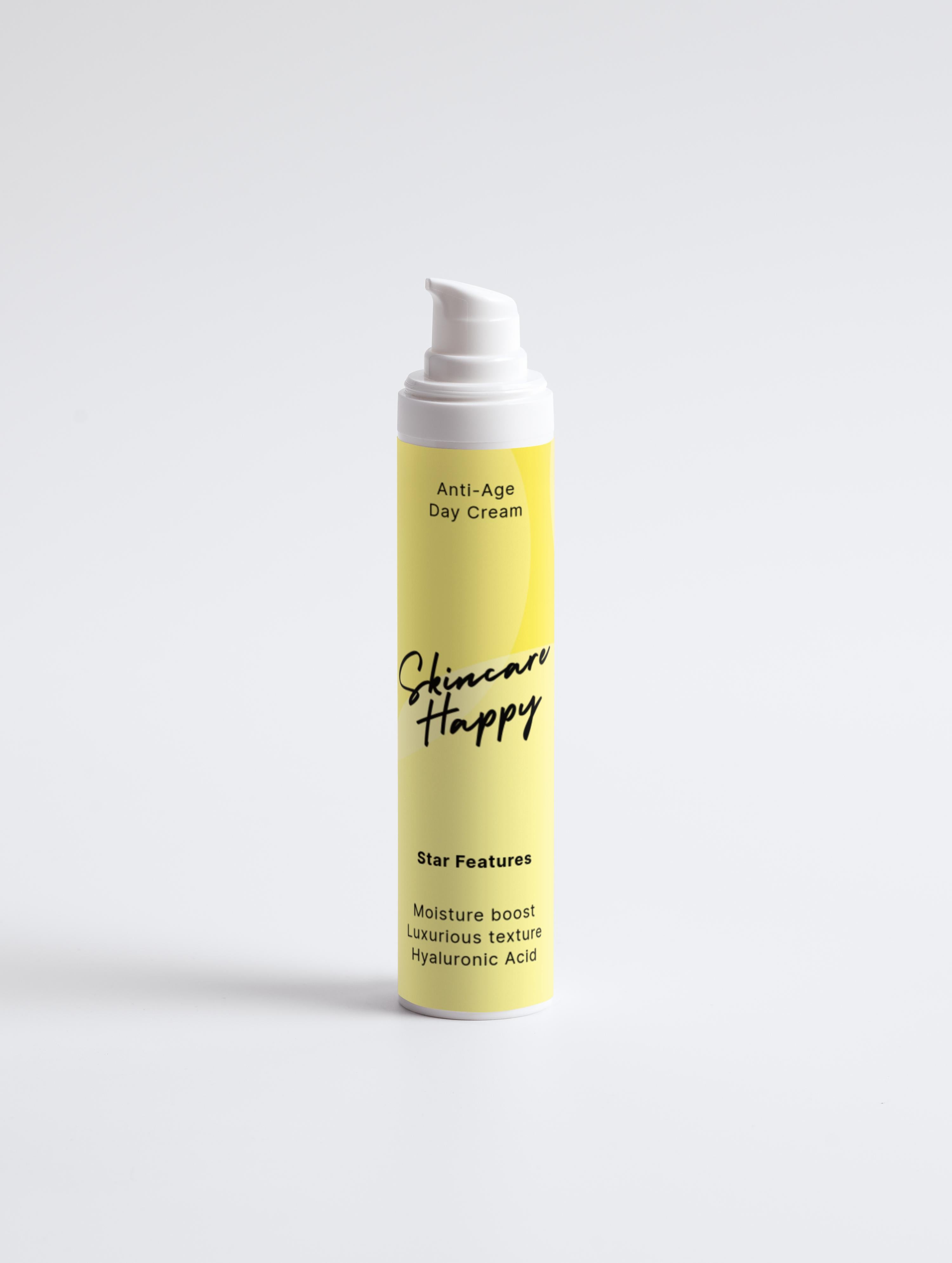 Skincare Happy anti-aging day cream bottle on a white background