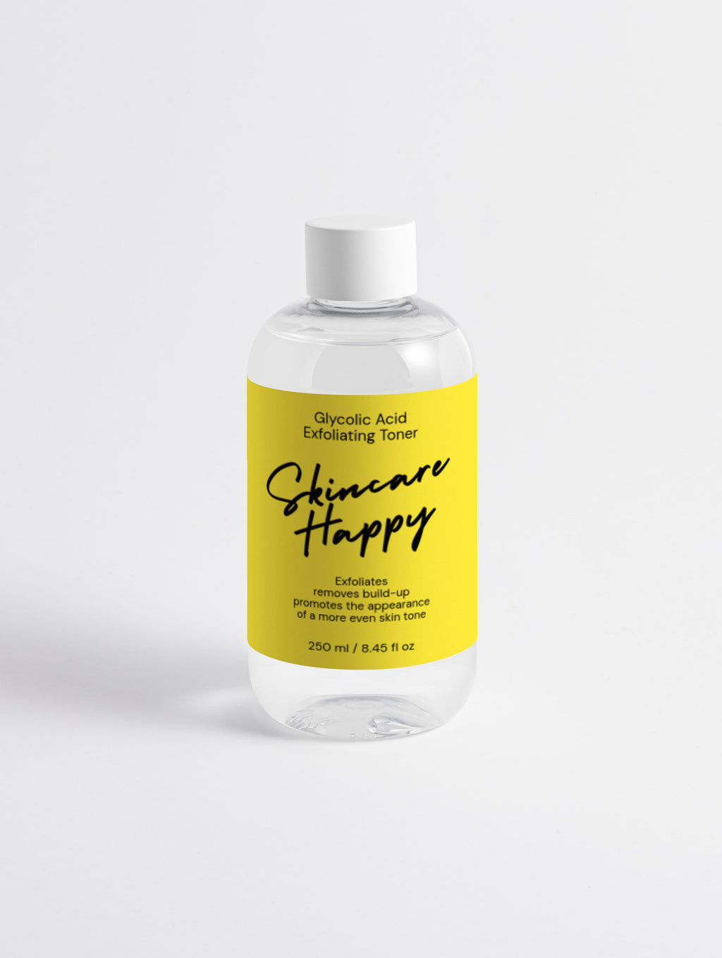 Skincare Happy toner bottle with yellow label on a white background