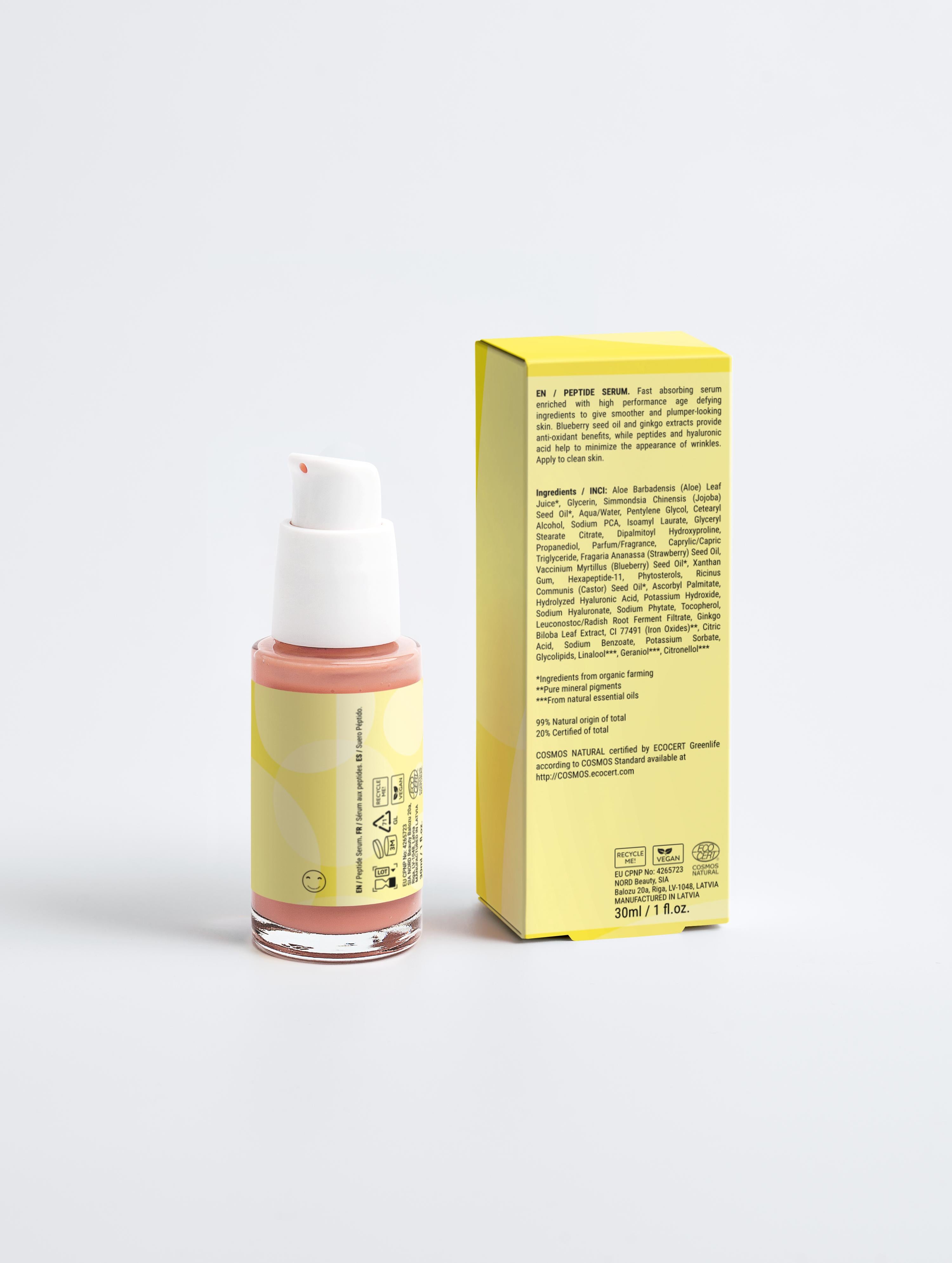 Skincare bottle with pink cream and yellow box on a white background