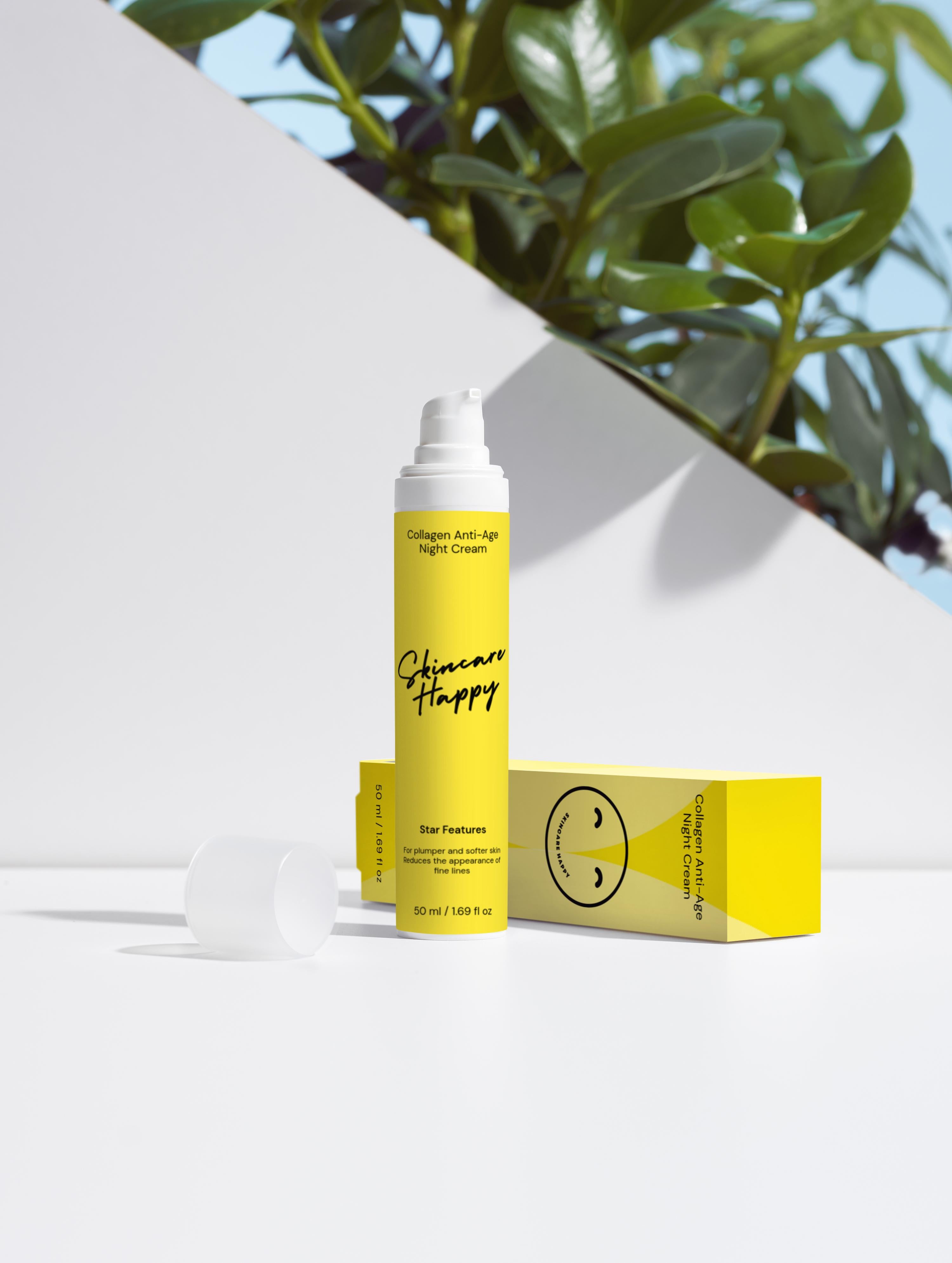 Yellow skincare product with packaging on a white background