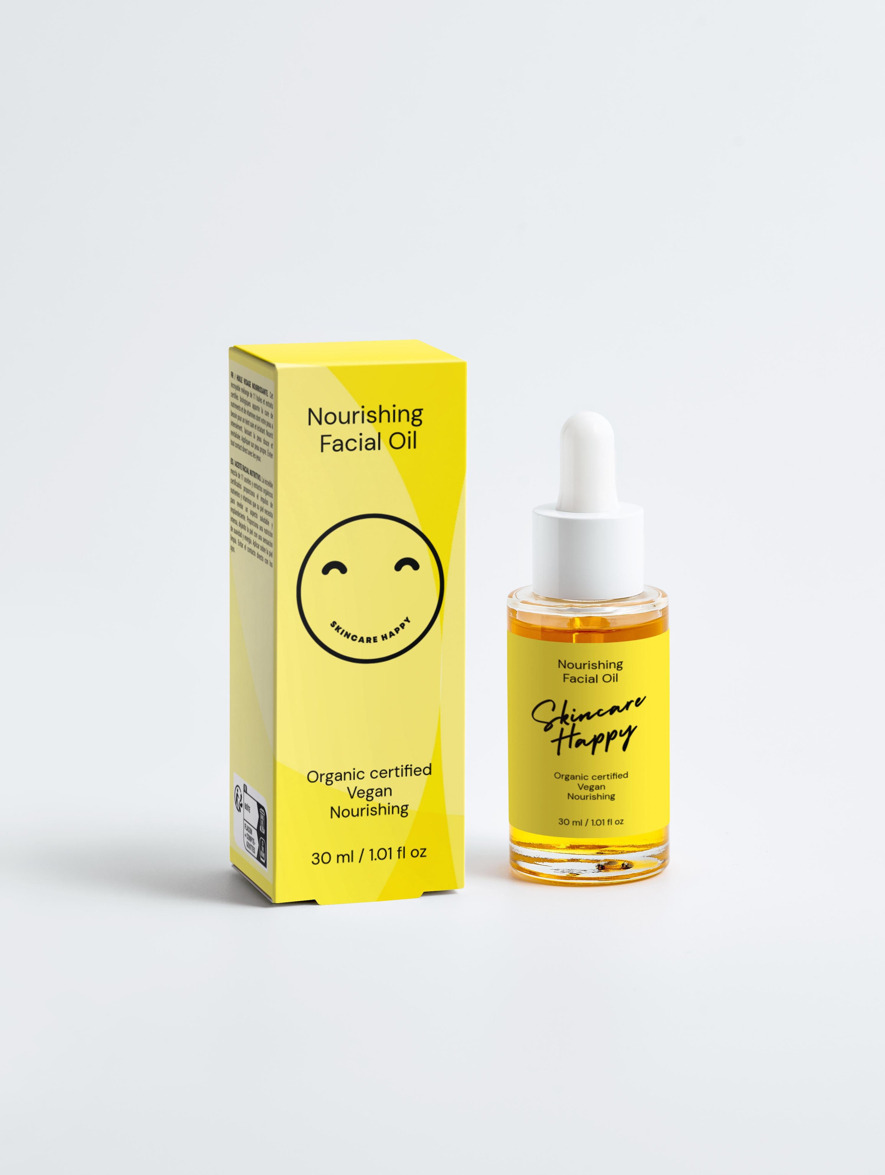 Skincare Happy nourishing facial oil bottle and packaging on a white background