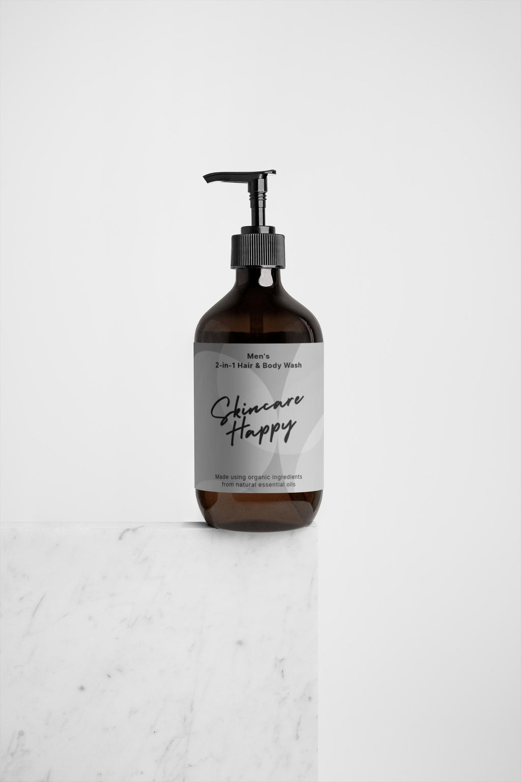 Bottle of skincare product labeled 'Skincare Happy' on a white background