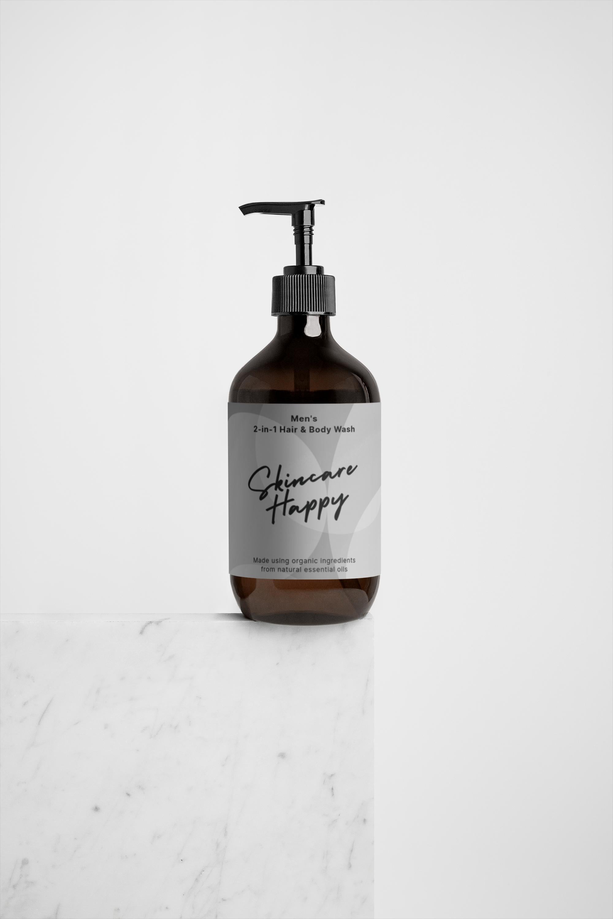 Bottle of skincare product labeled 'Skincare Happy' on a white background