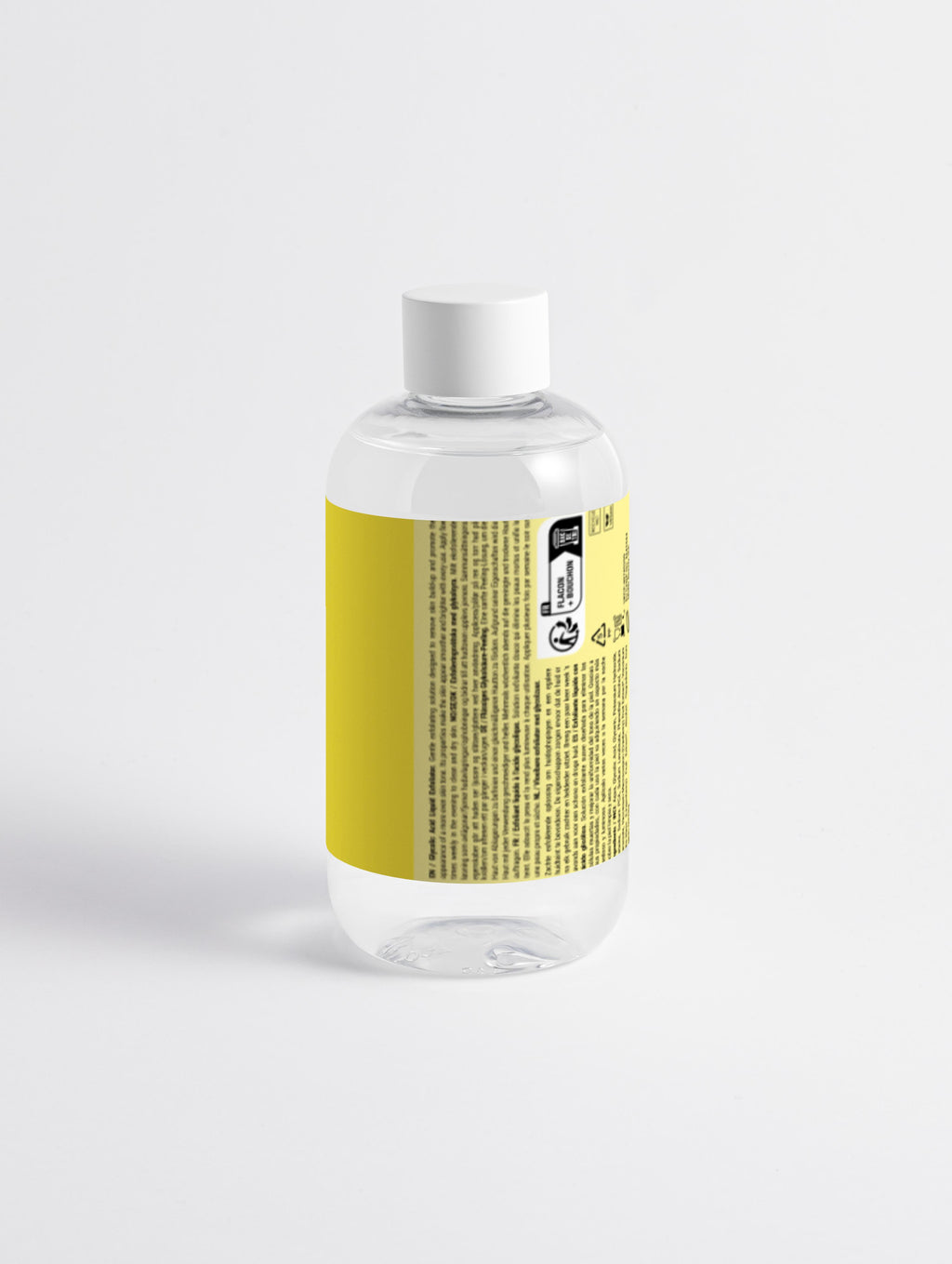 Clear bottle with a yellow label on a white background