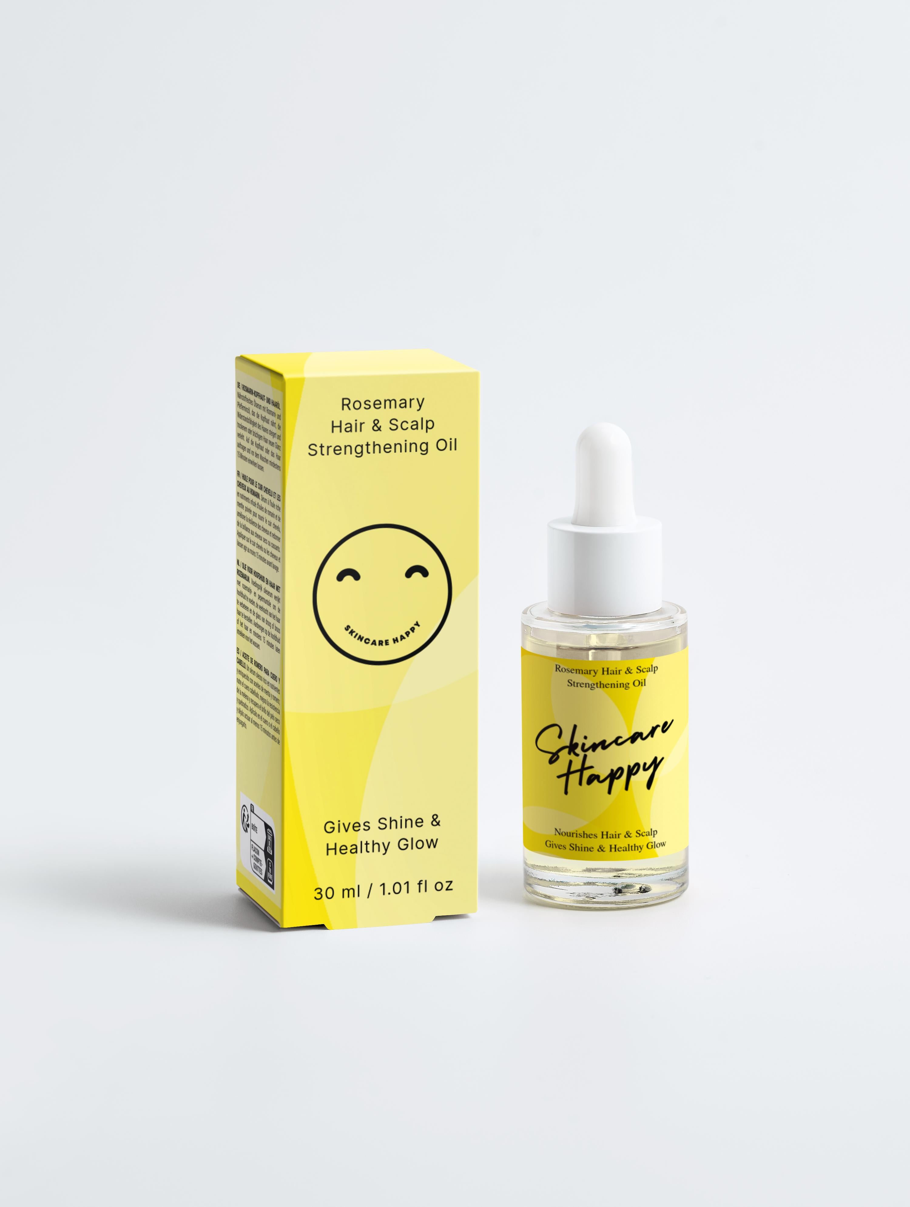 Skincare Happy hair oil bottle and packaging on a white background