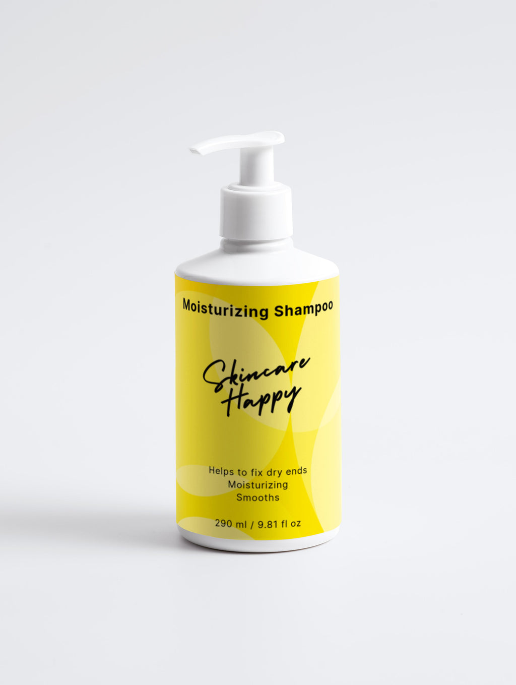 Shampoo bottle with yellow label on a white background