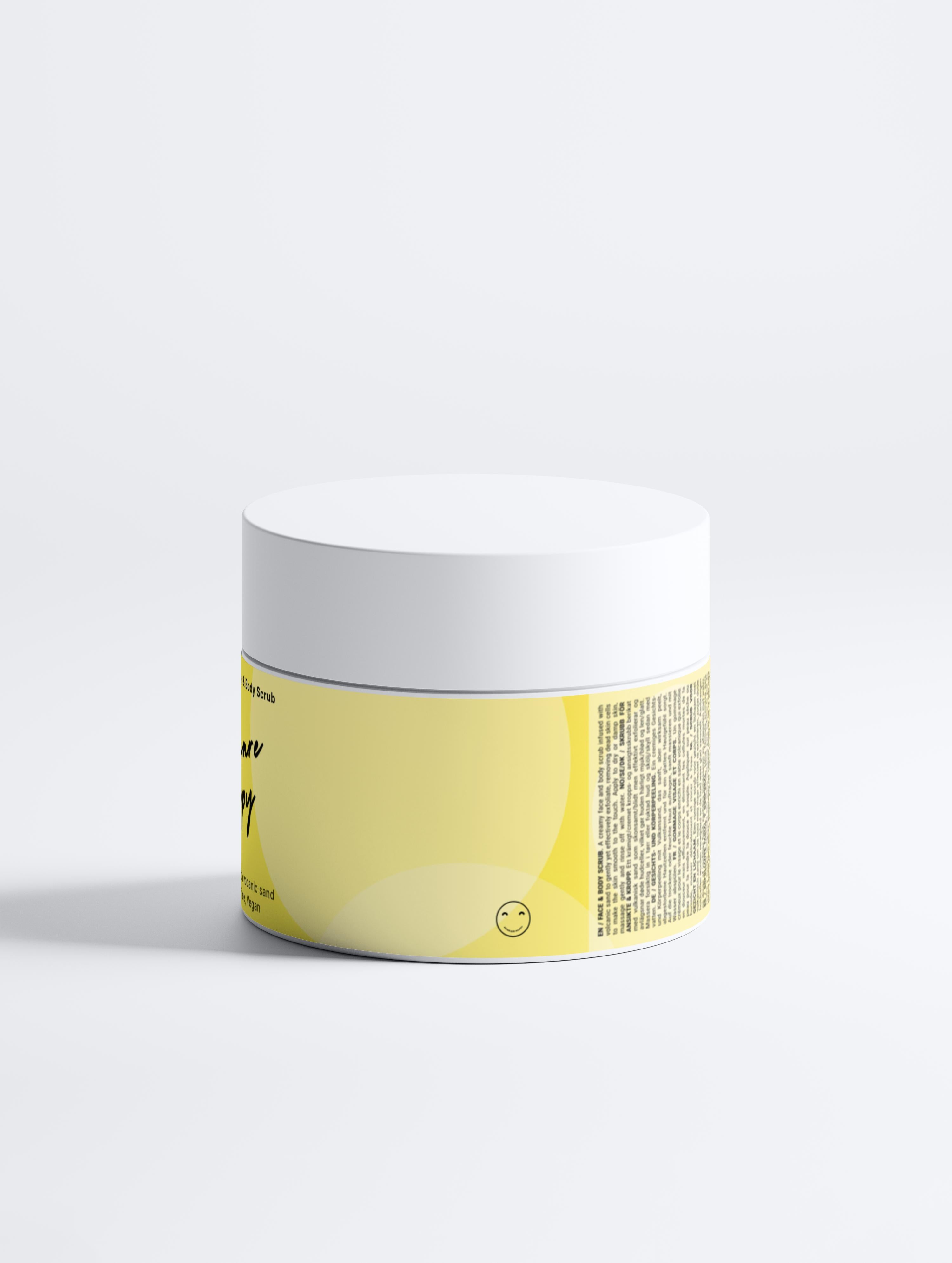 Jar with a white lid and yellow label on a light gray background