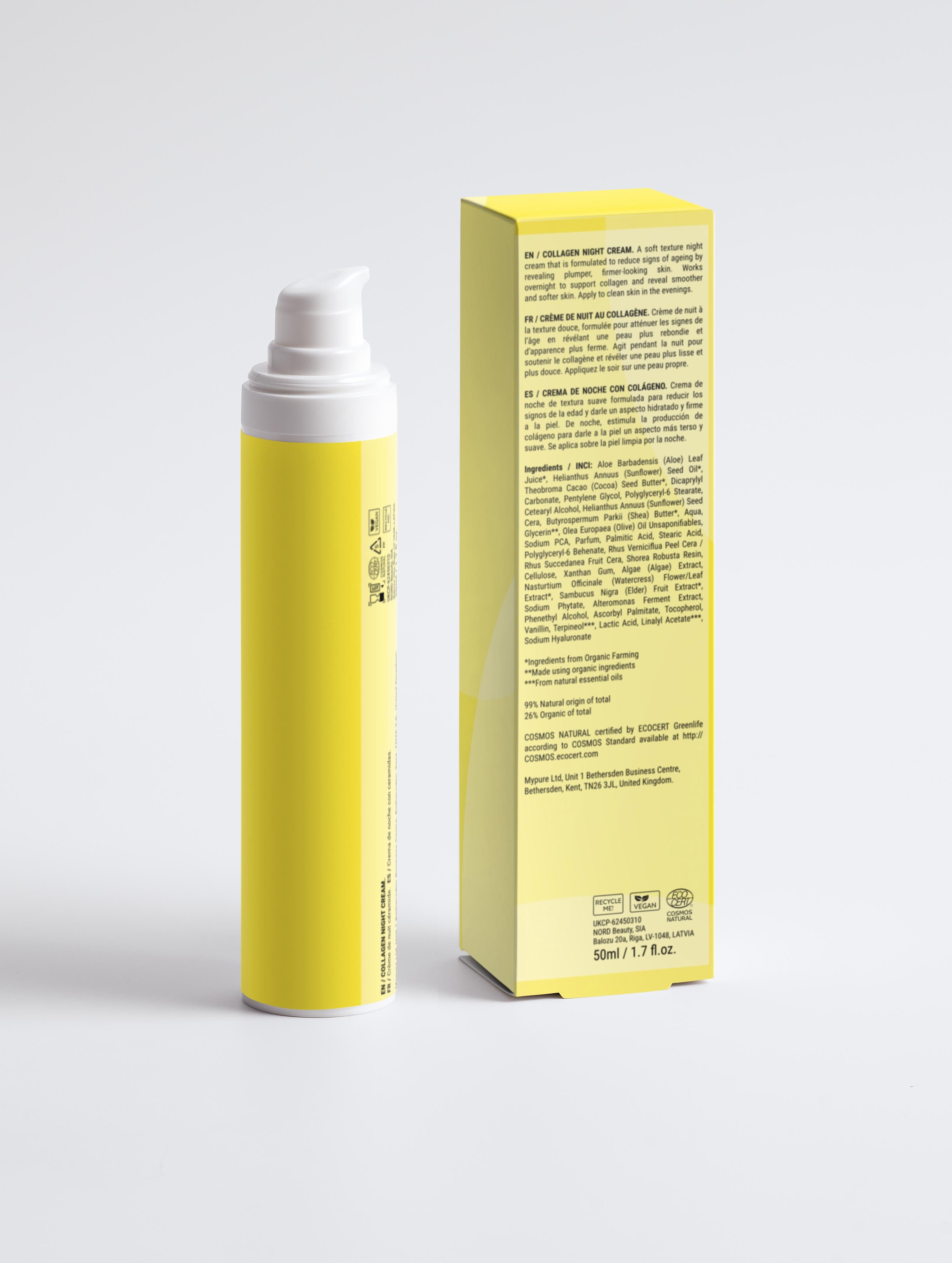 Yellow bottle and box with text on a light gray background