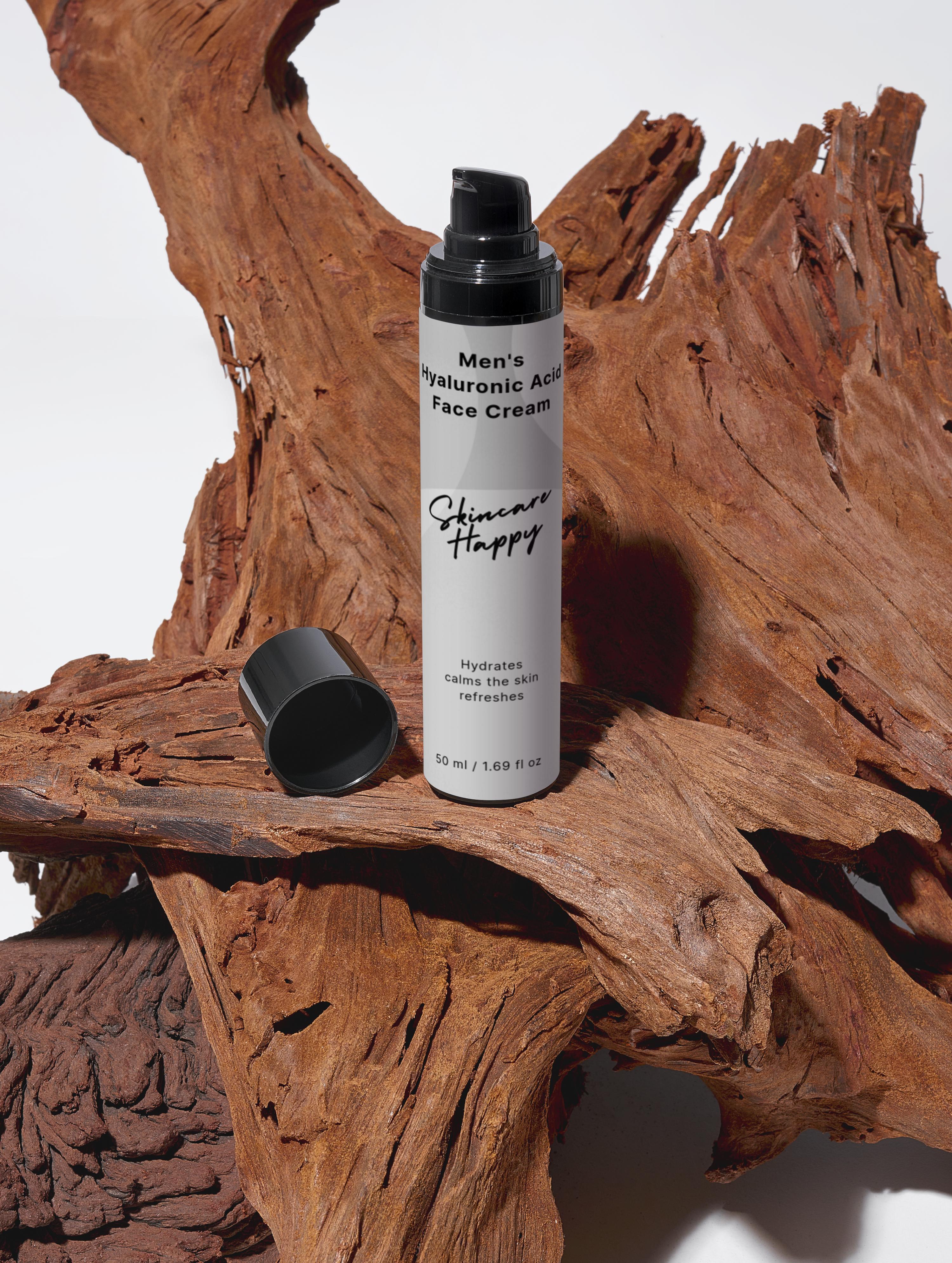Skincare product on a wooden surface with 'Skincare Happy' branding