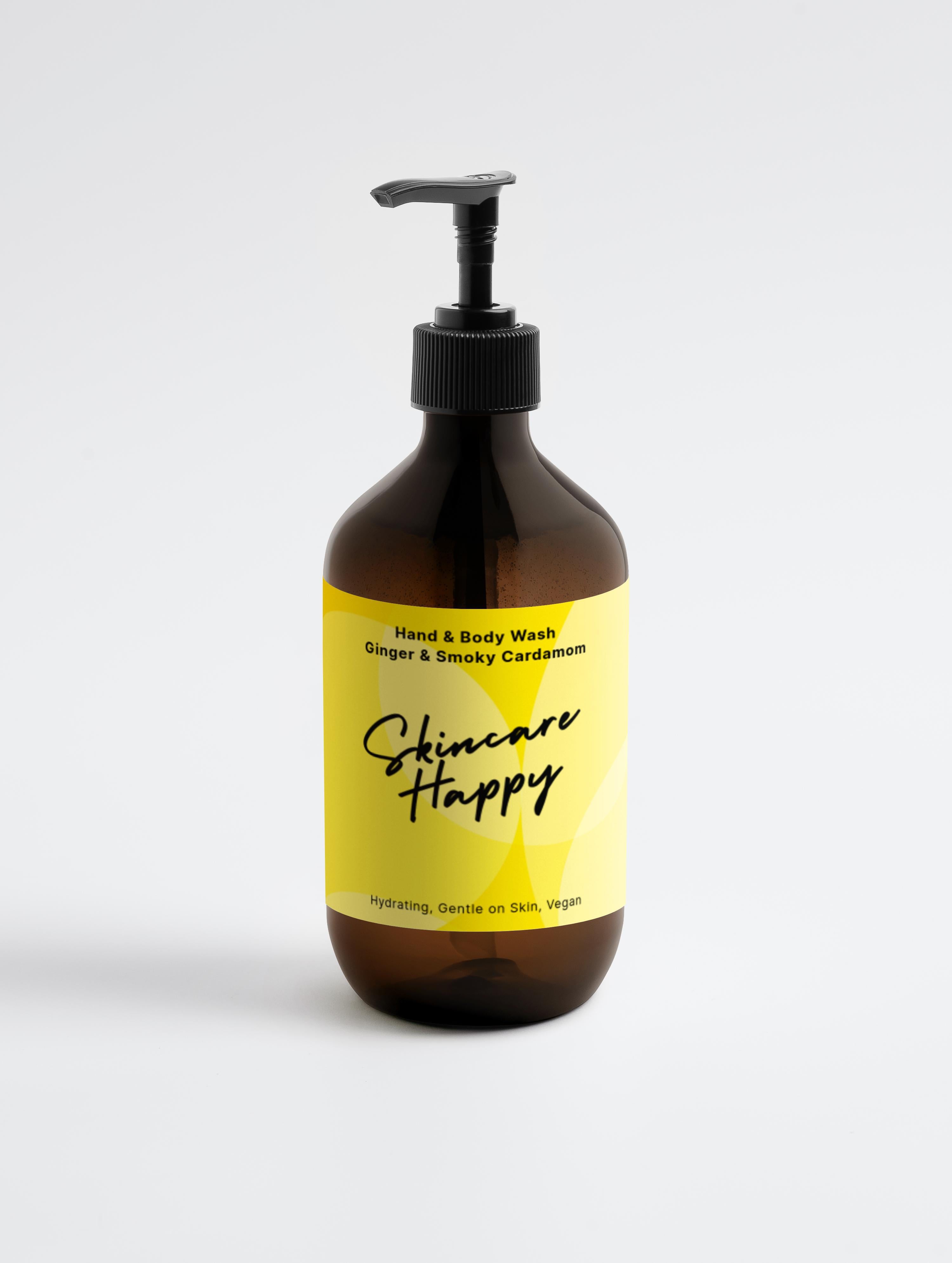 Skincare Happy hand and body wash bottle with pump on a white background