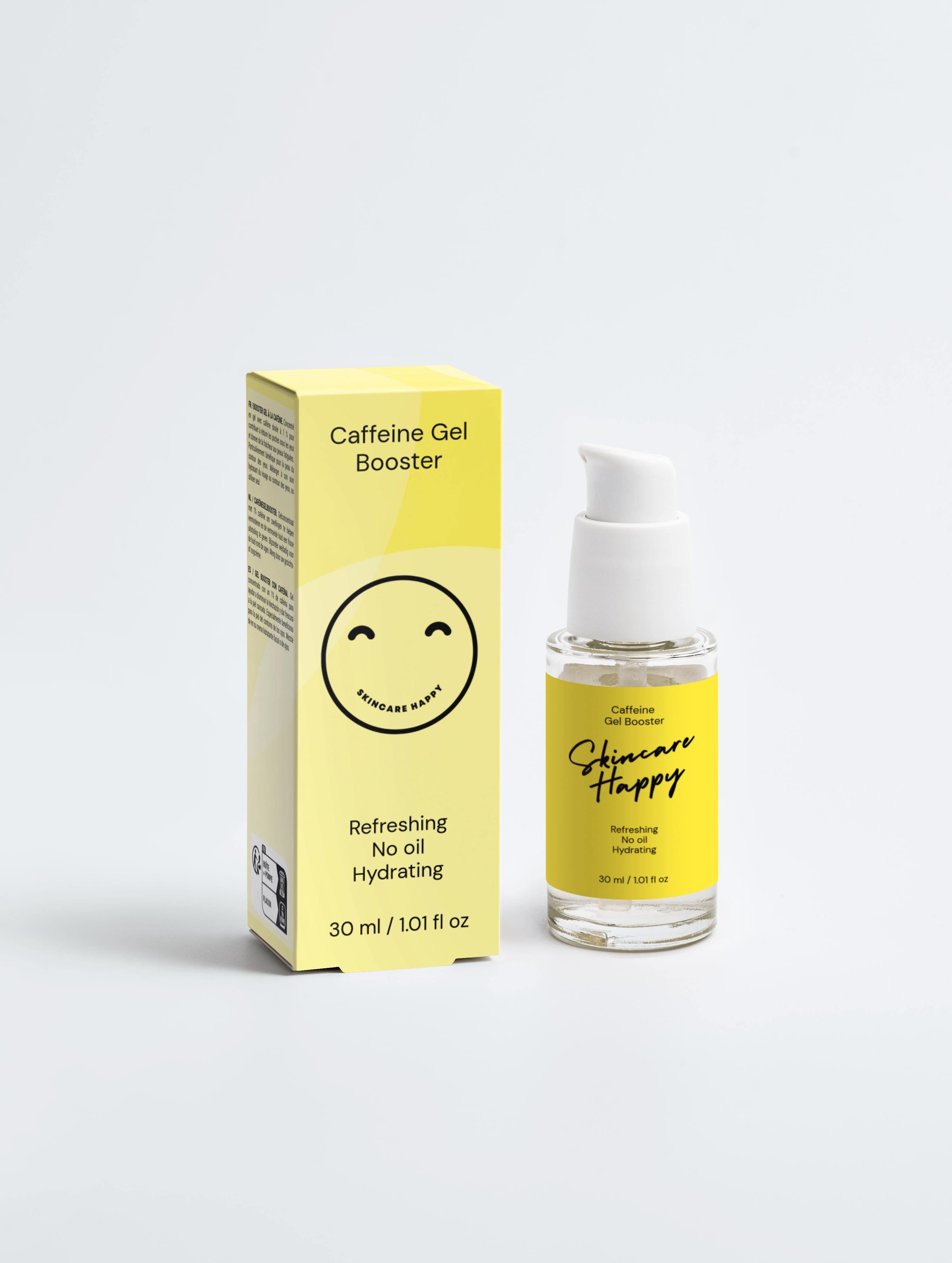 Caffeine gel booster packaging and bottle on a white background