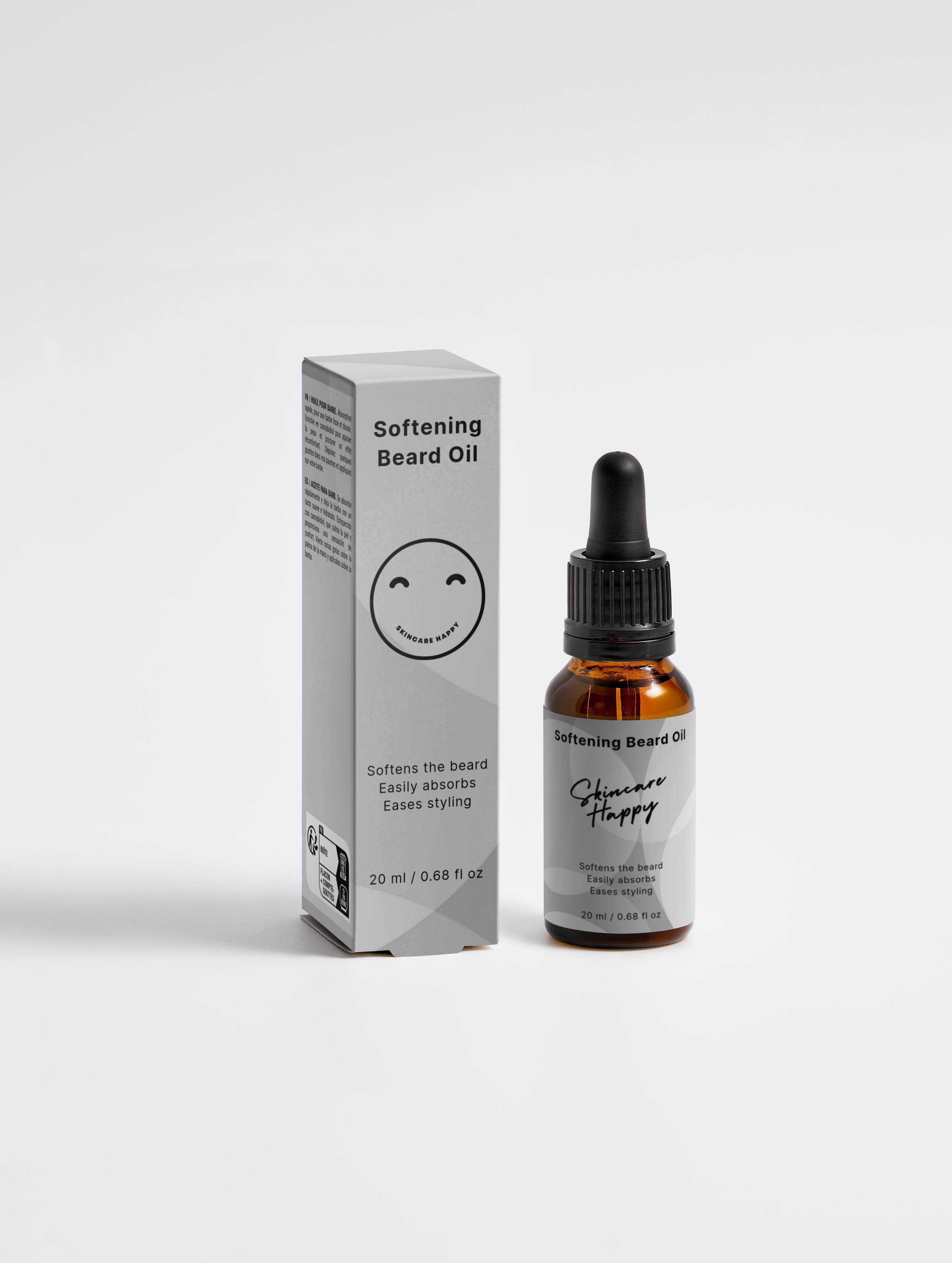 Bottle and box of Softening Beard Oil on a white background